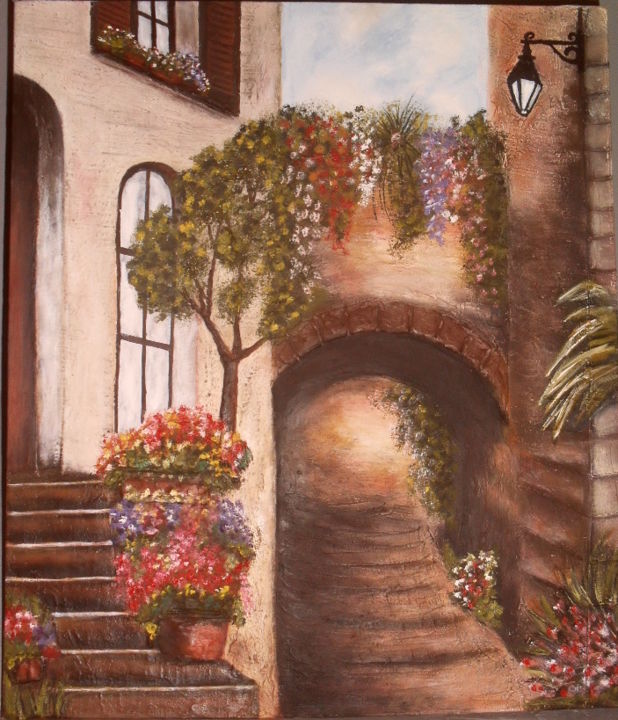 Pintura titulada "cortile-siciliano.j…" por Claudia Savoini, Obra de arte original, Oleo