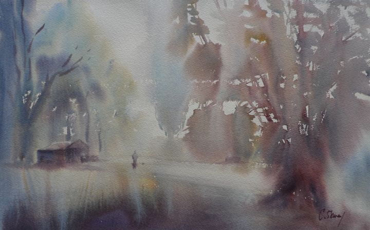 Painting titled "misty-morning-shed.…" by Claudia Slaney, Original Art,