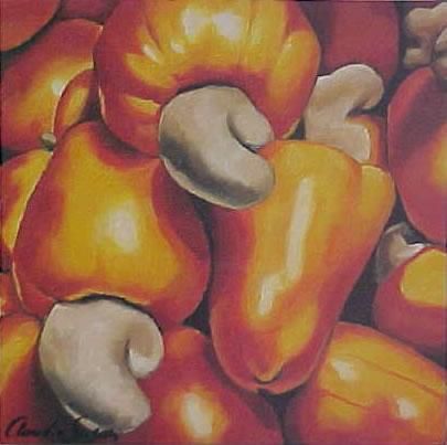 Painting titled "Cashew Fruit" by Claudia Susan, Original Artwork, Oil