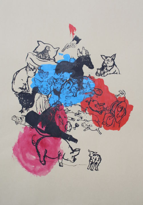 Gravures & estampes intitulée "Animal Farm" par Cláudia Pedro, Œuvre d'art originale, Sérigraphie