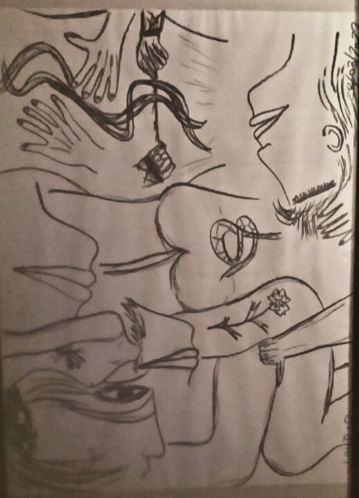 Drawing titled "Amour coquin" by Claudie Savelli (CLAUDIE-SAVELLI-CLAUDIO), Original Artwork, Charcoal Mounted on Cardboard