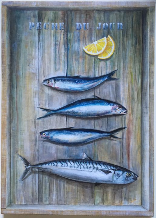 Painting titled "Pêche du jour" by Doli Dine, Original Artwork, Acrylic Mounted on Wood Stretcher frame