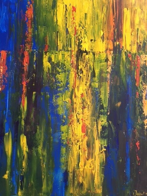 Картина под названием "Jeu de couleurs sur…" - Claudine Janel, Подлинное произведение искусства, Акрил Установлен на Деревян…