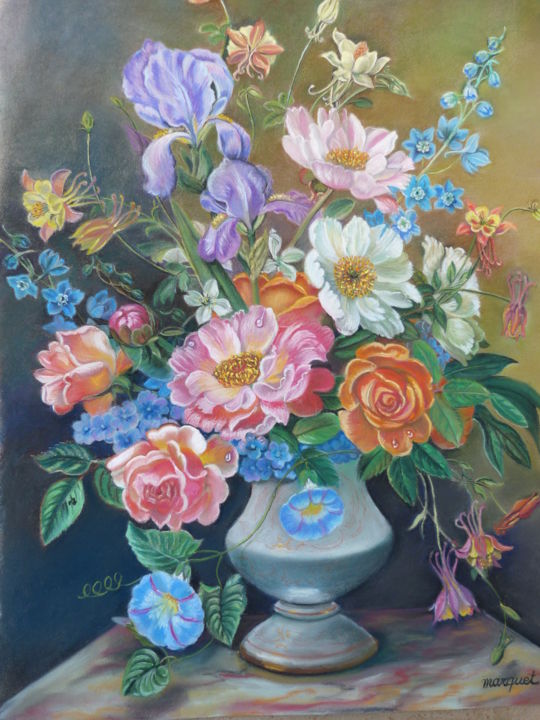 Dessin intitulée "bouquet d'après Alb…" par Claudine Marquet, Œuvre d'art originale, Pastel