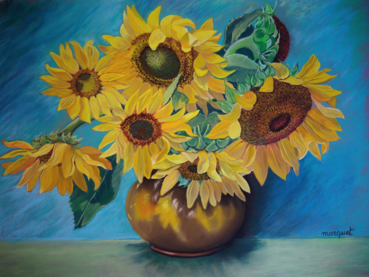 Sept Tournesols Dans Un Vase De Grès Dessin Par Claudine