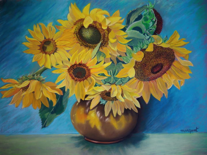 Drawing titled "sept tournesols dan…" by Claudine Marquet, Original Artwork, Pastel