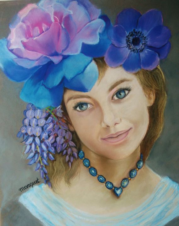 Drawing titled "Fleur bleue" by Claudine Marquet, Original Artwork, Pastel