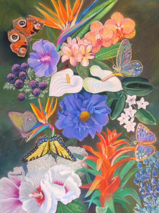 Рисунок под названием "Les papillons" - Claudine Marquet, Подлинное произведение искусства, Пастель