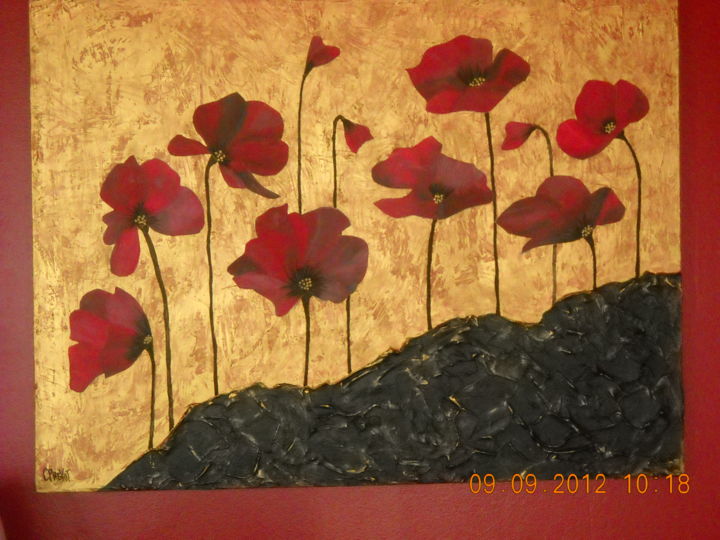 Schilderij getiteld "coquelicot-noir-et-…" door Claudine Prevot, Origineel Kunstwerk