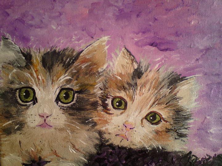 Painting titled "Les chatons" by Claudine Viégas, Original Artwork, Oil