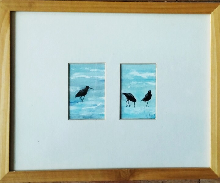 Painting titled "Oiseaux sur le sable" by Claudine Pochat, Original Artwork, Gouache Mounted on Cardboard