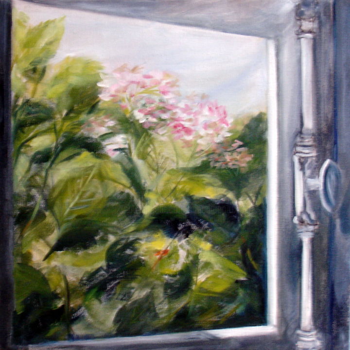 Painting titled "Hortensias derrière…" by Claudine Pochat, Original Artwork, Oil
