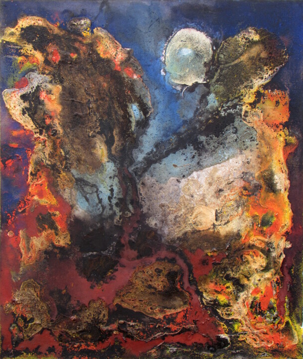 「Full Moon Visage」というタイトルの絵画 Claudio Boczonによって, オリジナルのアートワーク, アクリル ウッドパネルにマウント