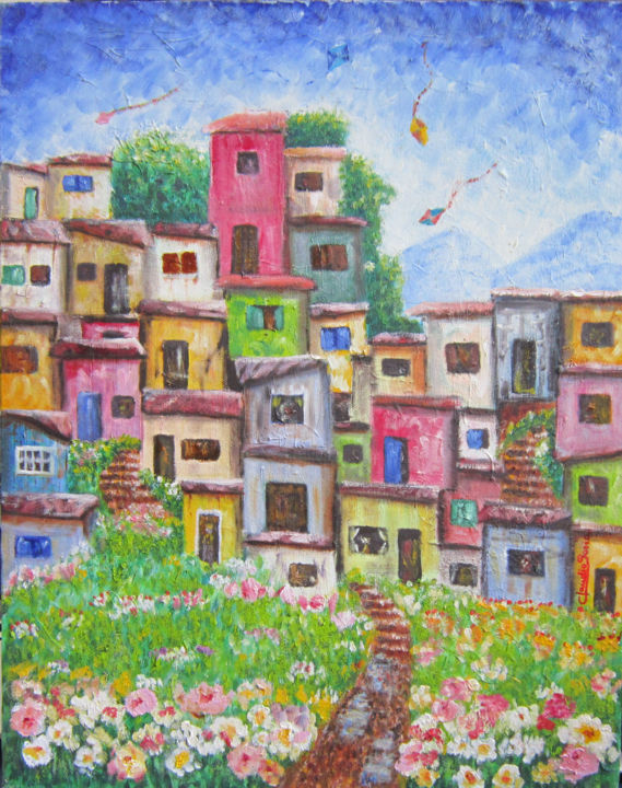 Pintura intitulada "jardim-favela-oleo-…" por Claudio Soria, Obras de arte originais