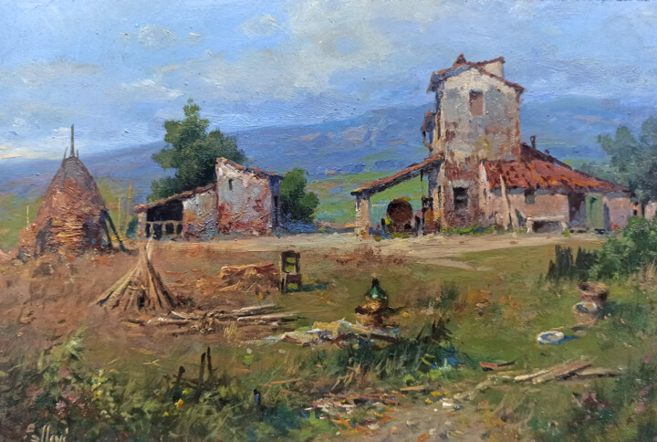 Painting titled "Farmhouse with shea…" by Claudio Pallini, Original Artwork, Oil Mounted on Other rigid panel