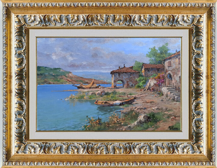 Painting titled "Houses on the lake…" by Claudio Pallini, Original Artwork, Oil Mounted on Other rigid panel