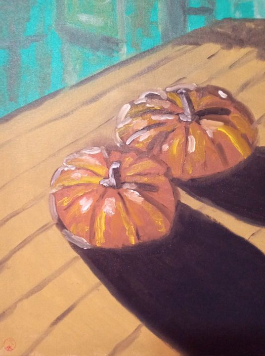 Painting titled "Pumpkins" by Claudio Suenaga, Original Artwork, Oil