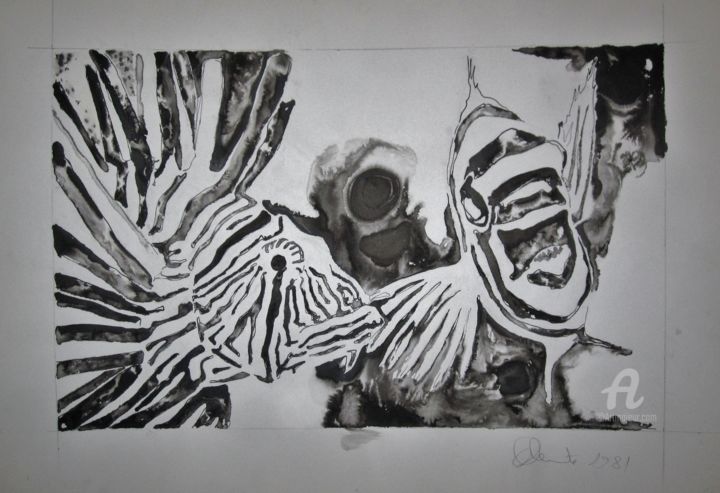 Disegno intitolato "Pesce scorpione" da Claudio Clemente, Opera d'arte originale, Inchiostro
