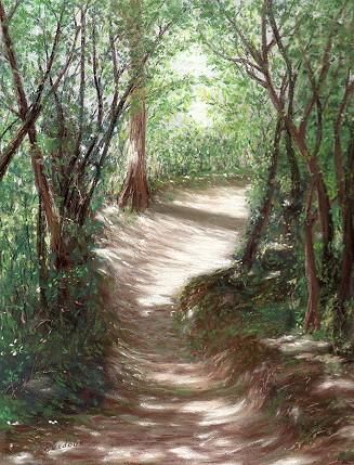 Painting titled "Chemin en sous-bois" by Cécile Ledoux, Original Artwork