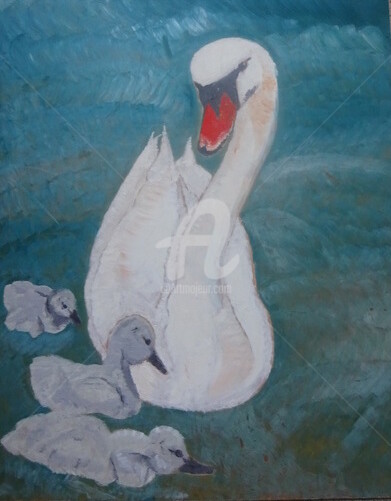 Schilderij getiteld "Cygne et sa Couvée" door Clémence C., Origineel Kunstwerk