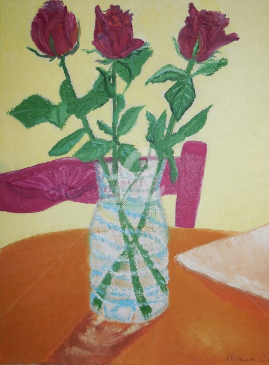 Pintura titulada "Trois Roses Rouges…" por Clémence C., Obra de arte original, Gouache