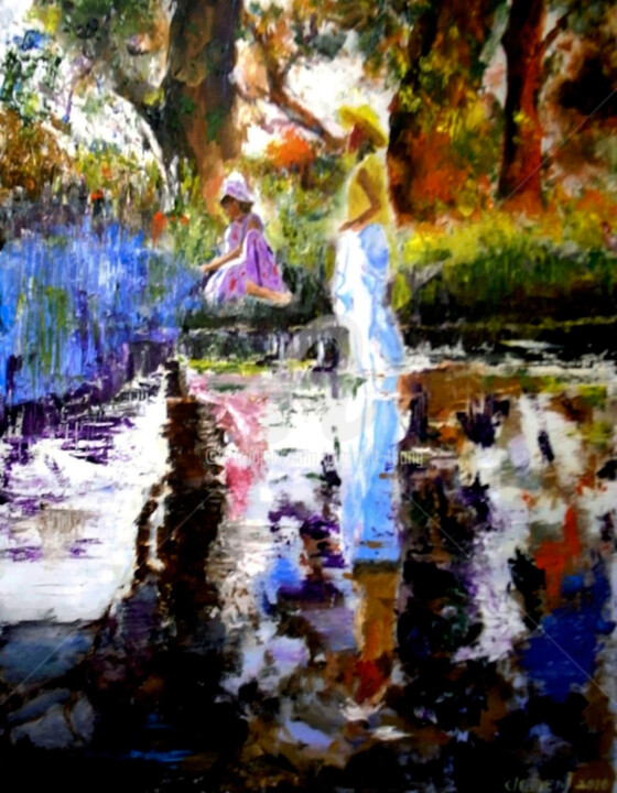 Painting titled "Two girls playing i…" by Clement Tsang, Original Artwork, Acrylic