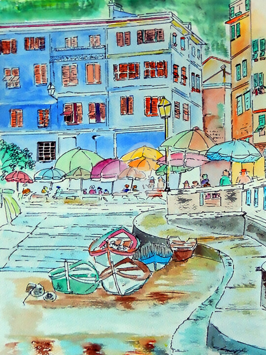 Malerei mit dem Titel "City of Italy" von Clement Tsang, Original-Kunstwerk, Aquarell