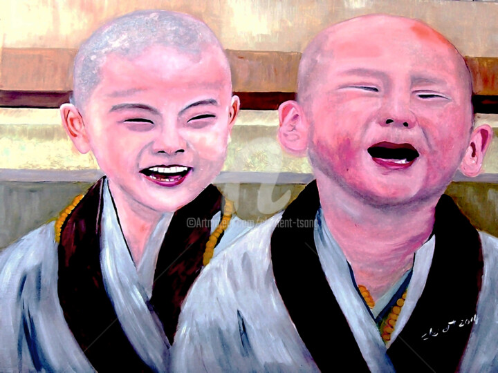 Painting titled "Baby Monk" by Clement Tsang, Original Artwork, Oil