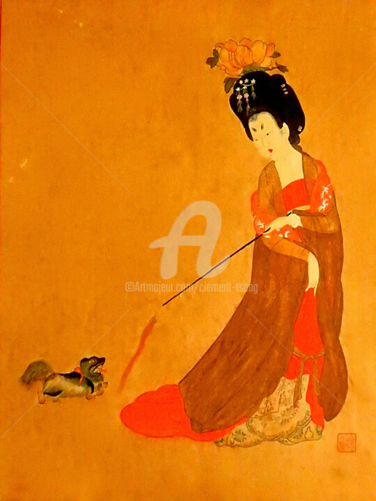 Painting titled "My Lady and Dog" by Clement Tsang, Original Artwork, Watercolor