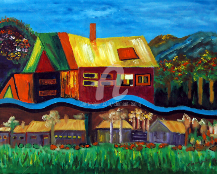Painting titled "Village and Green F…" by Clement Tsang, Original Artwork, Oil