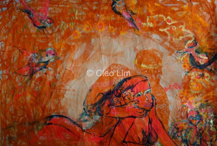 Pittura intitolato "love-birds.jpg" da Cleo Lim, Opera d'arte originale, Olio