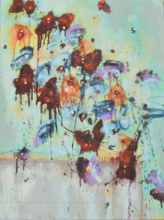 Картина под названием "Fleurs Pour Un Nouv…" - Cynthia Ligeros, Подлинное произведение искусства, Акрил Установлен на Деревя…