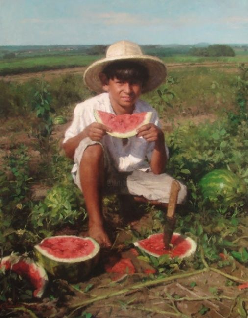 Pintura intitulada "Melancia na roça." por Clodoaldo Martins, Obras de arte originais, Óleo