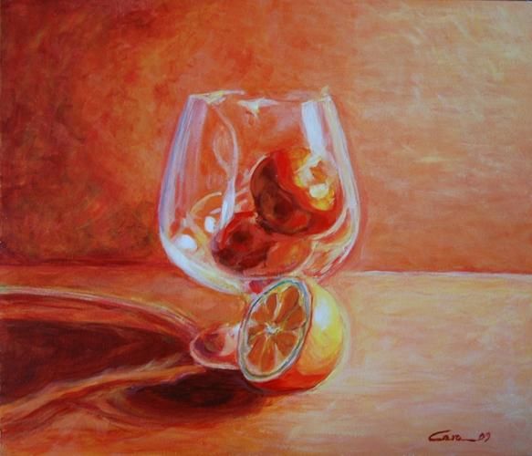 Painting titled "Copa con mandarinas" by C_lora, Original Artwork, Acrylic Mounted on Glass