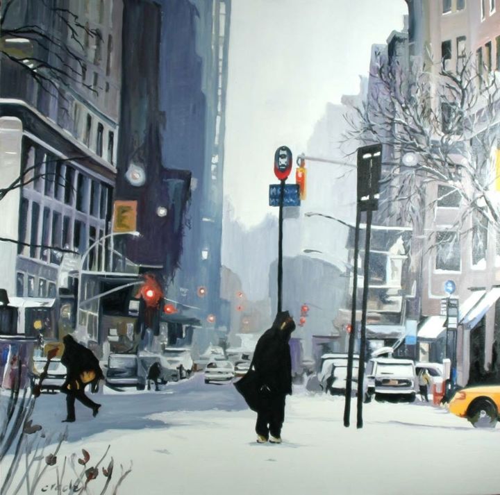 Painting titled "neige a new york" by Clotilde Nadel, Original Artwork, Oil