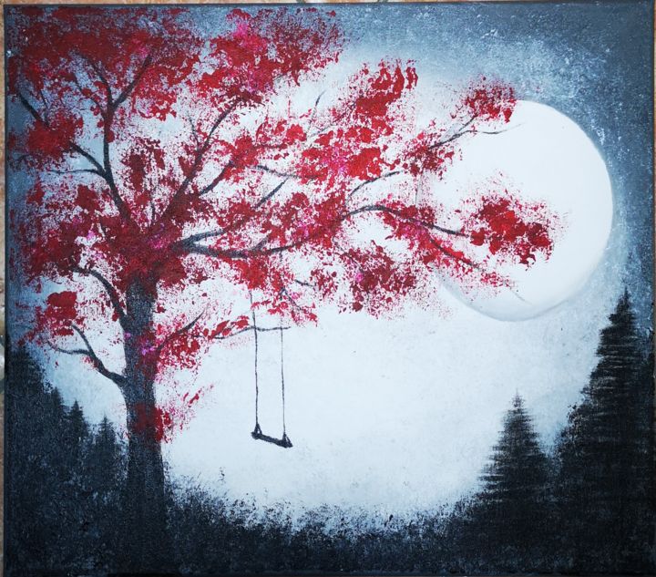 Peinture intitulée "Swing by the moon" par Claudia Galli, Œuvre d'art originale, Acrylique Monté sur Panneau de bois