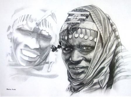 Tekening getiteld "Massai" door Clasina Roodt, Origineel Kunstwerk