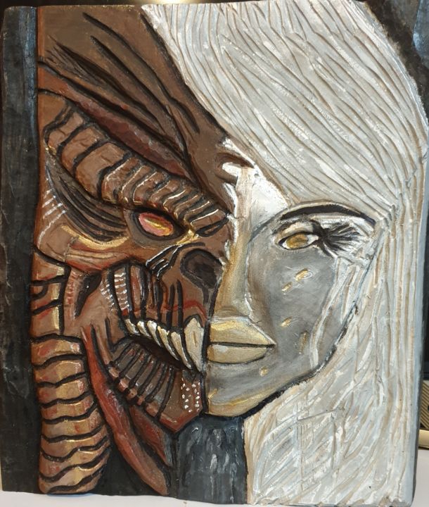 Sculpture titled "Kobieta o dwóch twa…" by Arkadiusz Grodzicki, Original Art, Wood