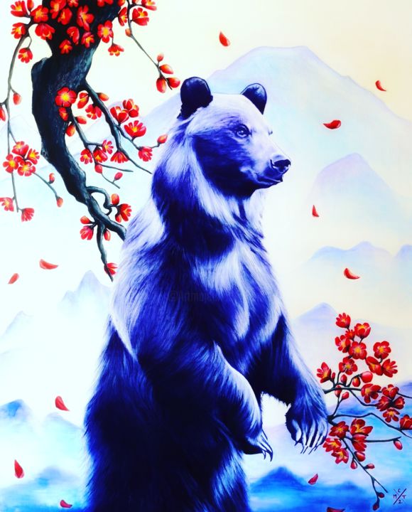 Peinture intitulée "Grizzly bleu" par Cm2t, Œuvre d'art originale, Stylo à bille