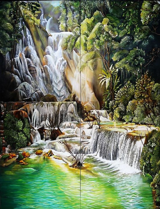 Painting titled "kuang-si-waterfalls…" by María Esperanza Ferreira Pinzón, Original Artwork, Oil