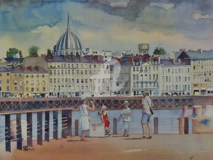 Peinture intitulée "Nantes, le quai de…" par Claude Marchalot, Œuvre d'art originale, Aquarelle