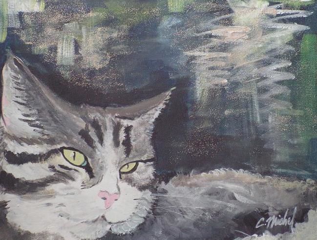 Peinture intitulée "Le Chat gris" par Cédric Marc Michel, Œuvre d'art originale