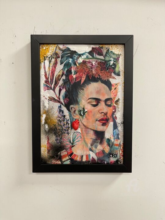 Colagens intitulada "FRIDA FLOWERS" por Cobo, Obras de arte originais, Tinta spray