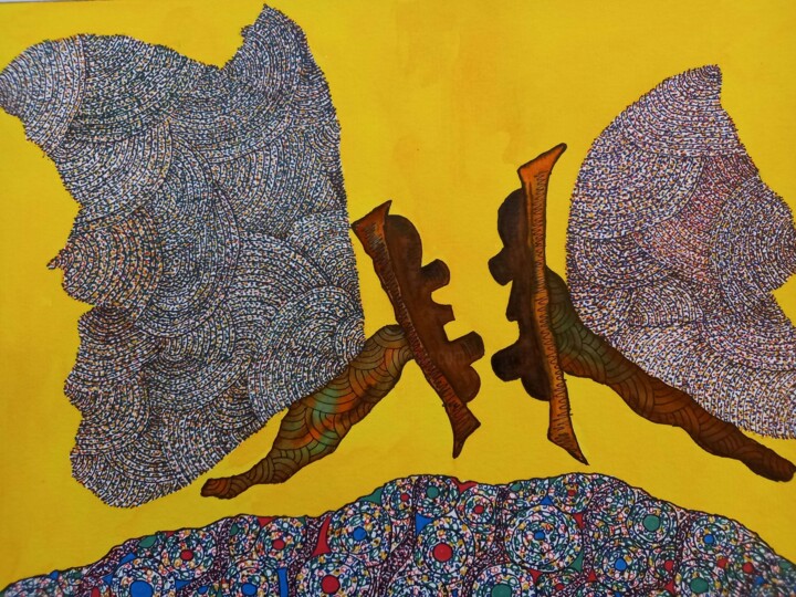 Schilderij getiteld "Masques papillons 1" door Coco Vewenda, Origineel Kunstwerk, Marker