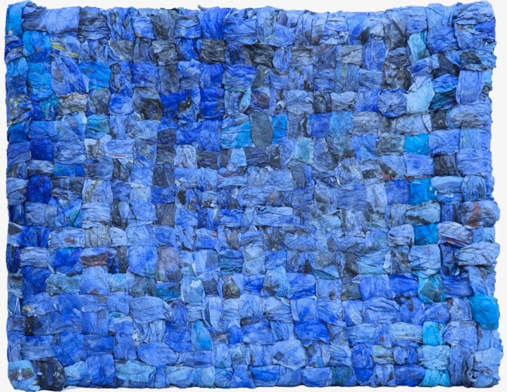 Textile Art titled "trame-bleue-1" by Cohco Le Guénédal, Original Artwork, Collages