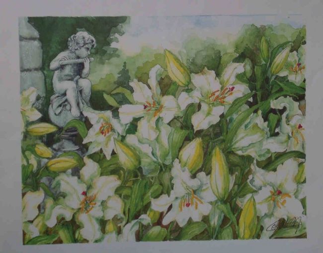 Peinture intitulée "Le flûtiste aux iris" par Colette Bon, Œuvre d'art originale, Aquarelle