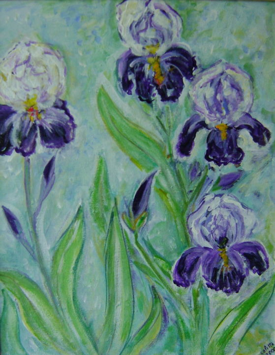 Painting titled "Les Iris" by Colette Jotterand-Vetter, Original Artwork, Acrylic