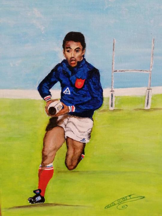 Pintura intitulada "Le rugbyman des ann…" por Colette Ribet, Obras de arte originais, Pigmentos Montado em Armação em madeira
