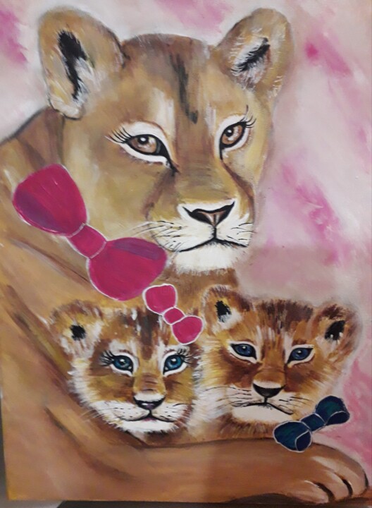 Painting titled "Maman lionne et ses…" by Odalix, Original Artwork, Acrylic Mounted on Wood Stretcher frame
