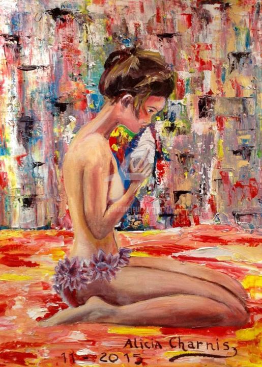 Painting titled "Topless Girl" by Alicia Charnis, Original Artwork, Acrylic